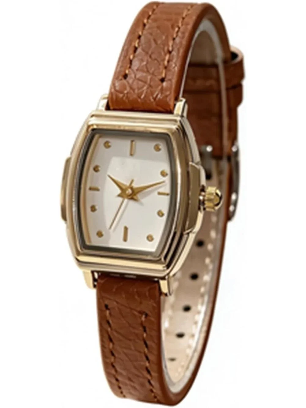 Women's Brown Rectangular Case Metal Case Simple Dial Leather Strap Wrist Watch